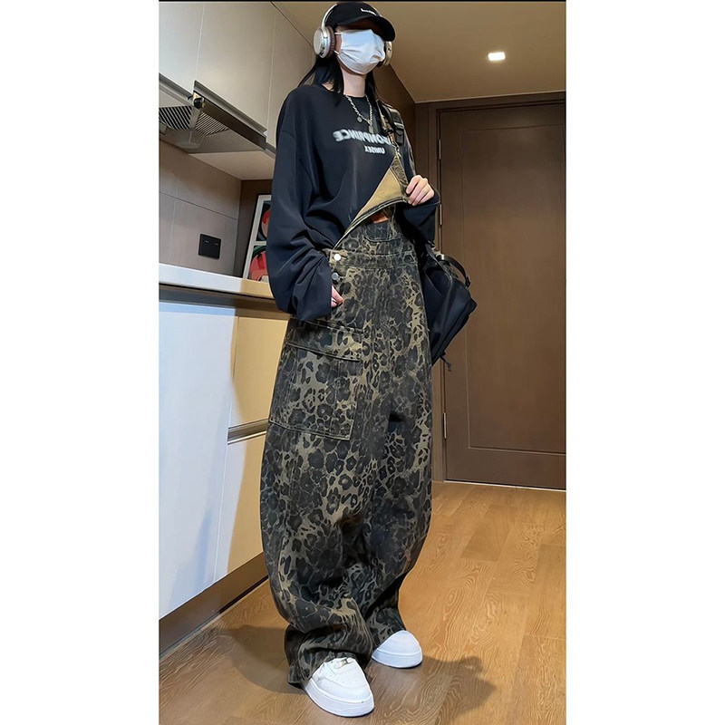 美式豹纹牛d仔背带裤男生大码痞帅高级感裤子直筒宽松设计感工装