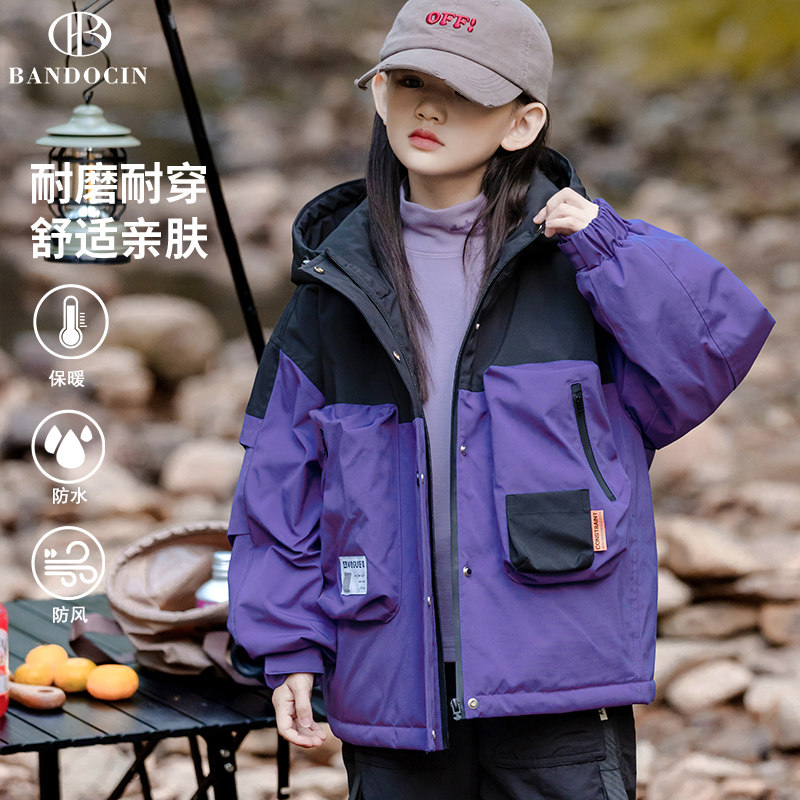 亲子装女童冬装棉衣2023新款w儿童加厚冲锋衣外套冬季连帽铺棉外