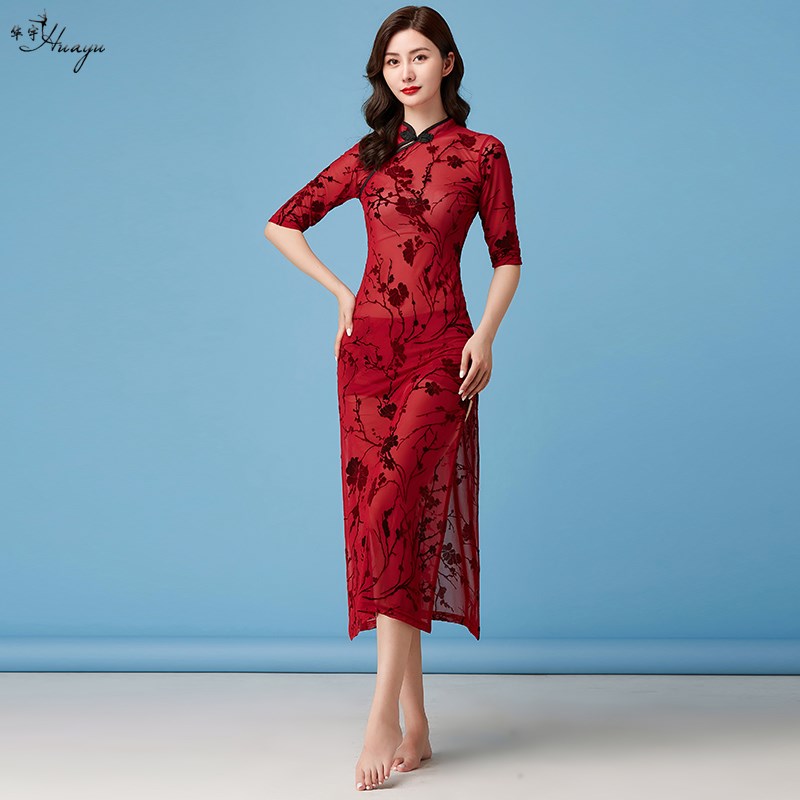 速发网典舞蹈服改良旗袍弹古印花力纱跳舞专用中国风舞蹈演出服