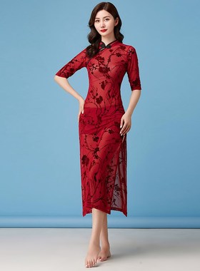 速发网典舞蹈服改良旗袍弹古印花力纱跳舞专用中国风舞蹈演出服