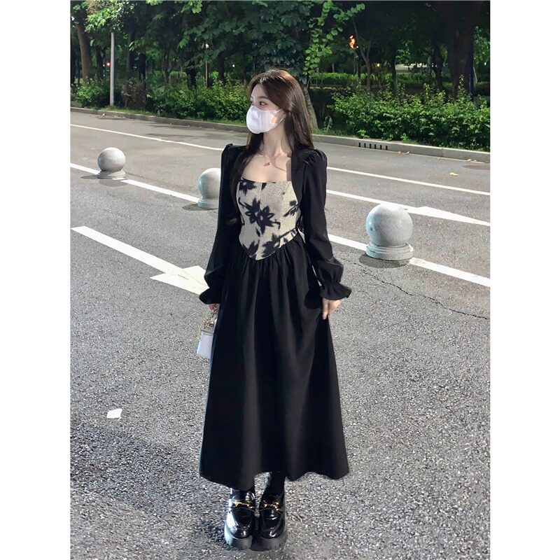 速发大码装秋冬a式气质方领长裙胖妹妹腰收法字遮肚长袖连衣裙