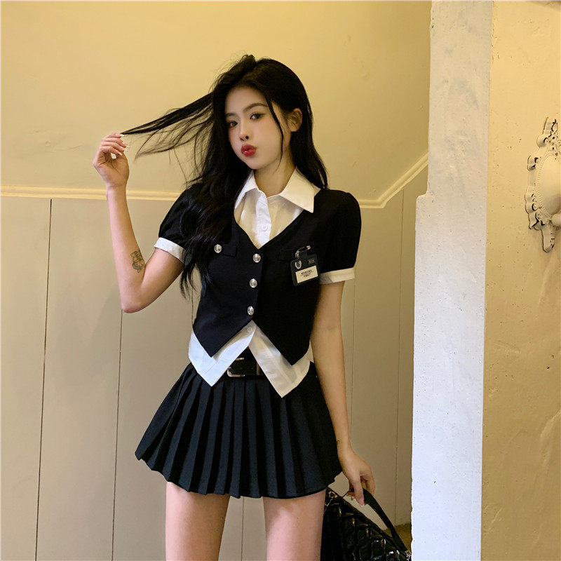 速发大码夏胖假两件遮肉套装微季胖妹妹黑色两褶裙百件套