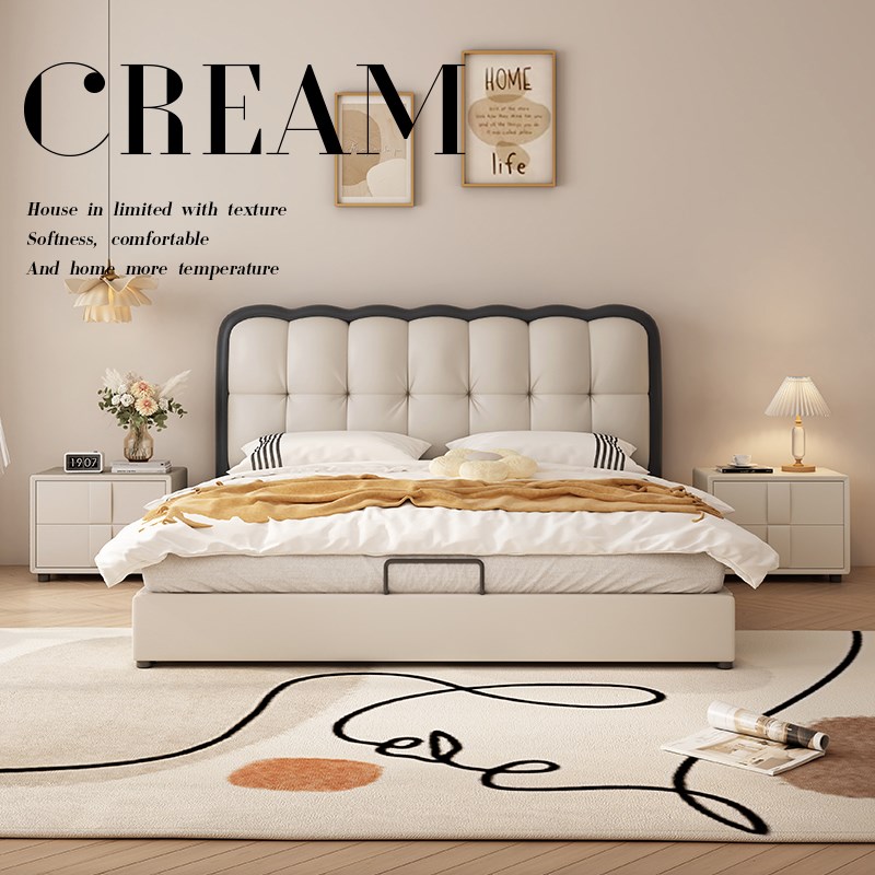 速发奶油风皮床简约意式波奢双人床轻浪床主卧婚软床包大床