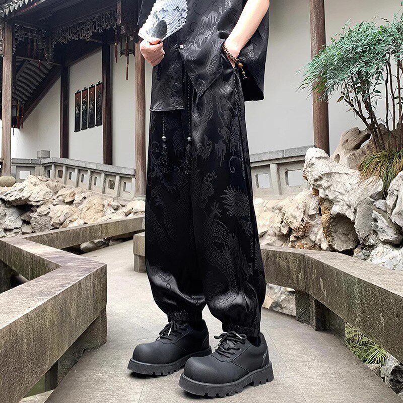 速发新中式男装束国风龙纹提花裤子小众设计感山本耀司西轻裤脚裤