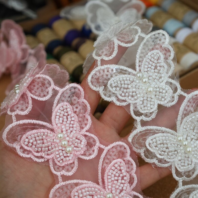 速发优质彩色双层立体钉珠亮片蝴蝶刺绣花边婚纱头纱衣服缝纫装饰