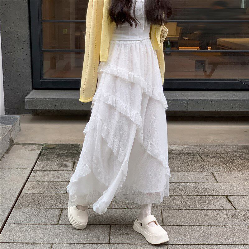 速发白半蕾丝网纱蛋糕裙半身裙夏垂腰高感不规则a字长款色裙子