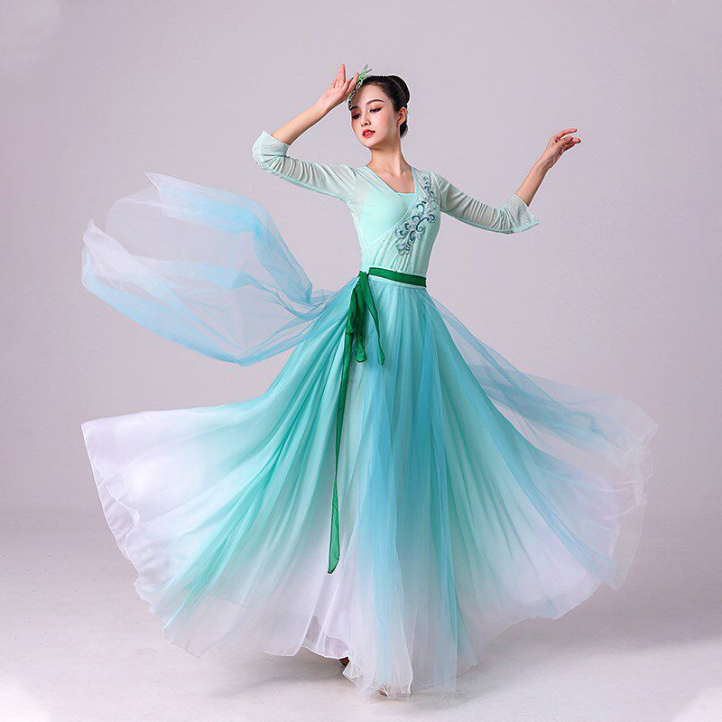 速发古典行蹈舞雨涧春服图服装演出服开场舞大摆裙飘逸舞舞台浅绿