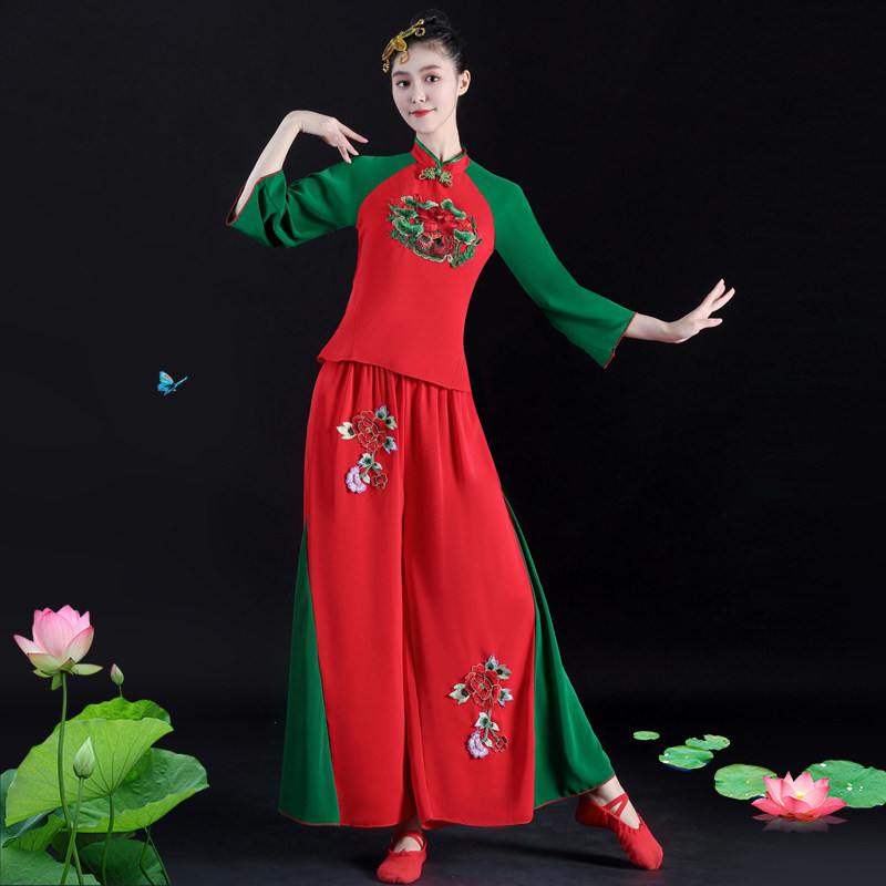 速发202新款扇歌舞蹈服装弹力中老年人打鼓服红色喜庆子秧舞演出