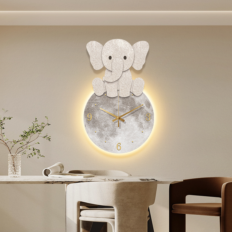 速发大象餐厅装饰画饭厅餐桌墙时挂画创意时尚家用客厅钟面灯