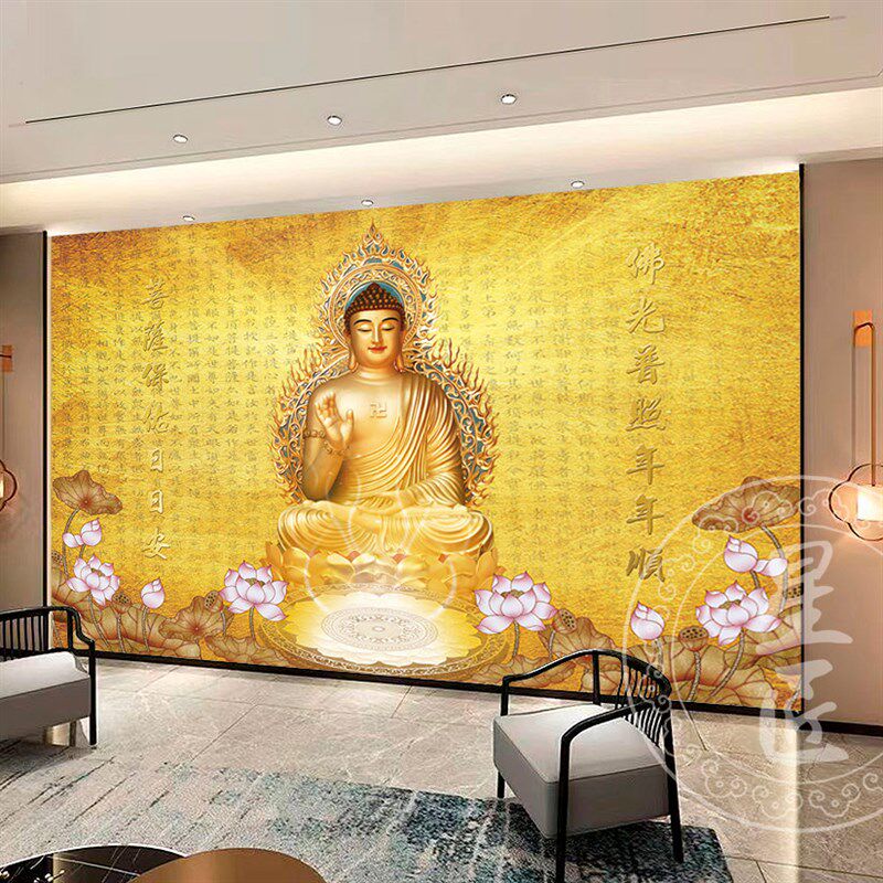 速发布方如来佛祖堂口背台墙西佛光普照禅意莲花神景供奉大型壁画