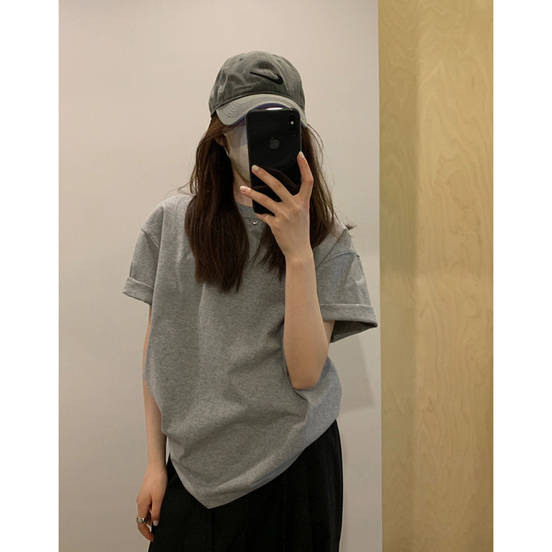 速发灰色正肩T恤上季小个子欧货大版宽松ovzrsiee半袖夏衣