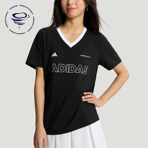 Adidas/阿迪达斯正品夏季女士亲肤日常休闲印花V领短袖T恤KX6800