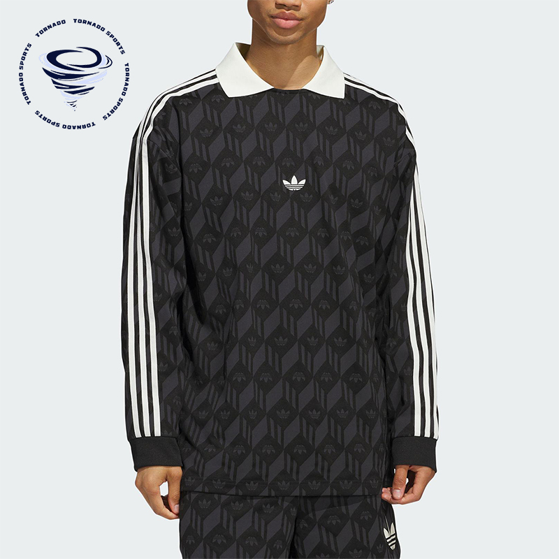 Adidas/阿迪达斯正品三叶草男女同款印花复古翻领长袖T恤JD5196