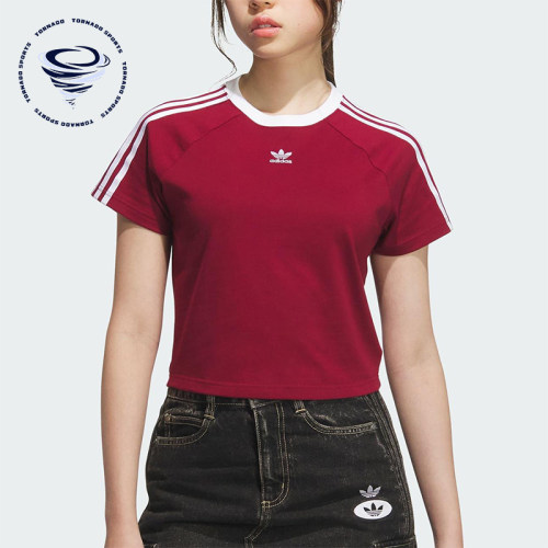 Adidas/阿迪达斯正品三叶草女士修身三条纹圆领透气短袖KF0314