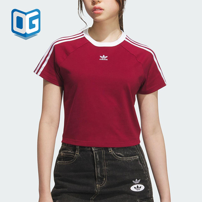 Adidas/阿迪达斯正品三叶草女士修身三条纹圆领透气短袖KF0314