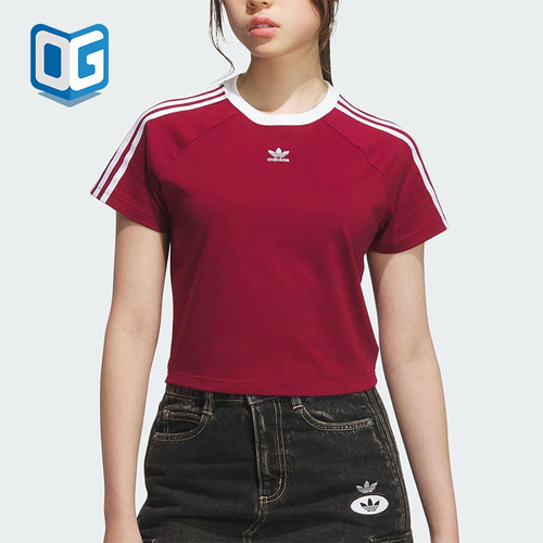 Adidas/阿迪达斯正品三叶草女士修身三条纹圆领透气短袖KF0314