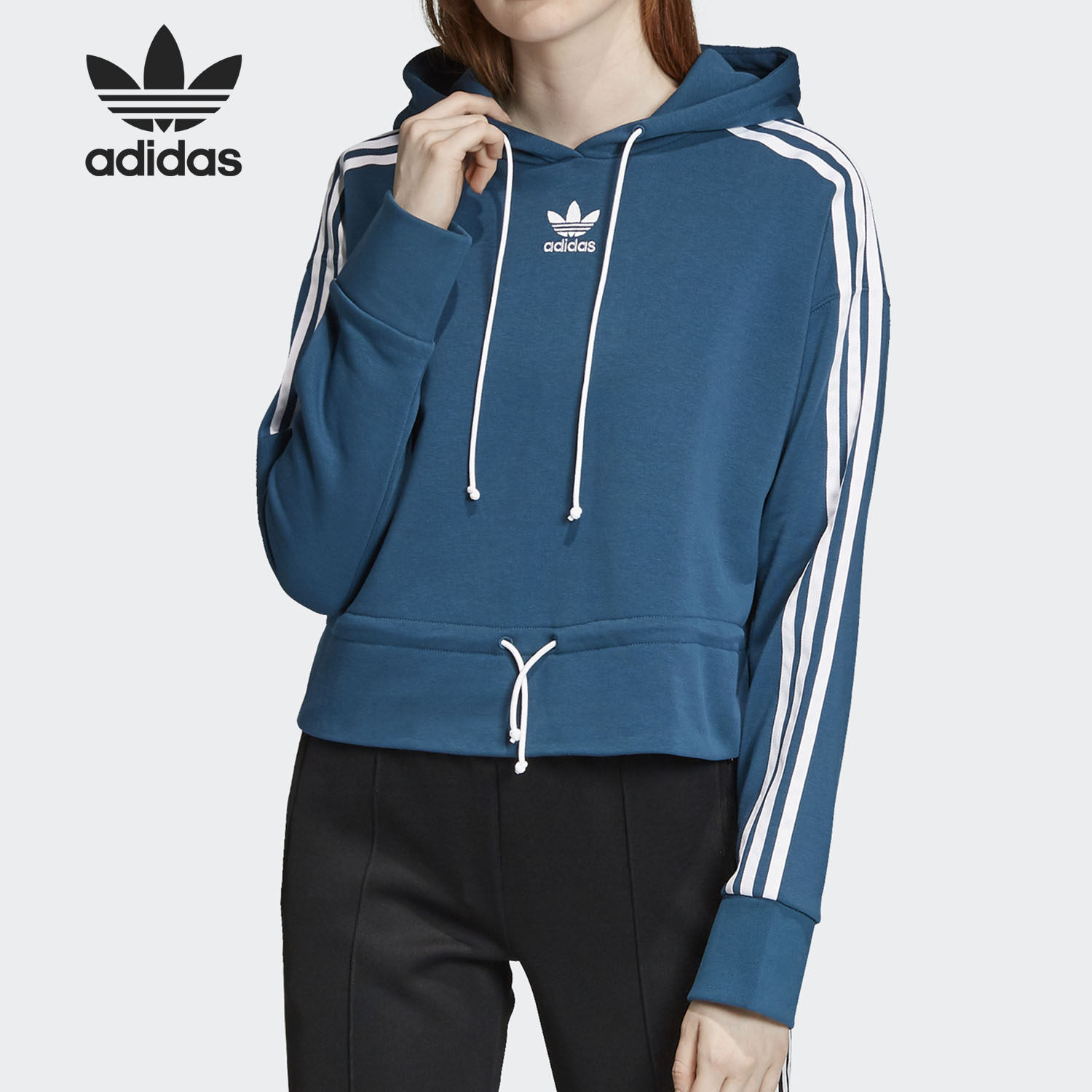 Adidas/阿迪达斯正品三叶草女子短款运动连帽套头衫卫衣 EC1905
