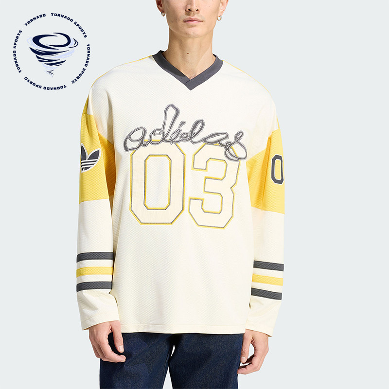 Adidas/阿迪达斯正品三叶草新款男米白黄色经典亲肤长袖T恤KU9188