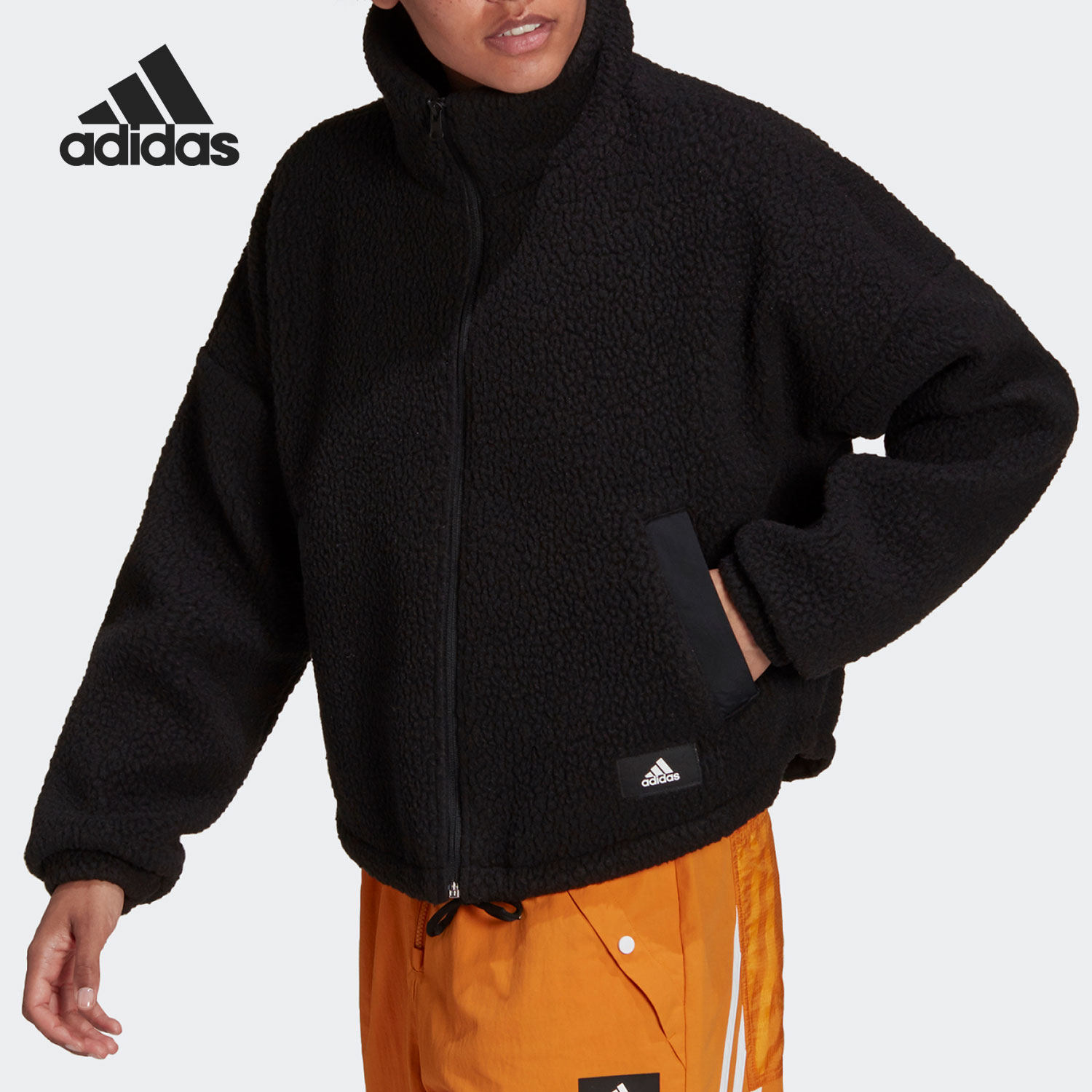 Adidas/阿迪达斯官方正品女子摇粒绒立领宽松短款运动外套 GU9671