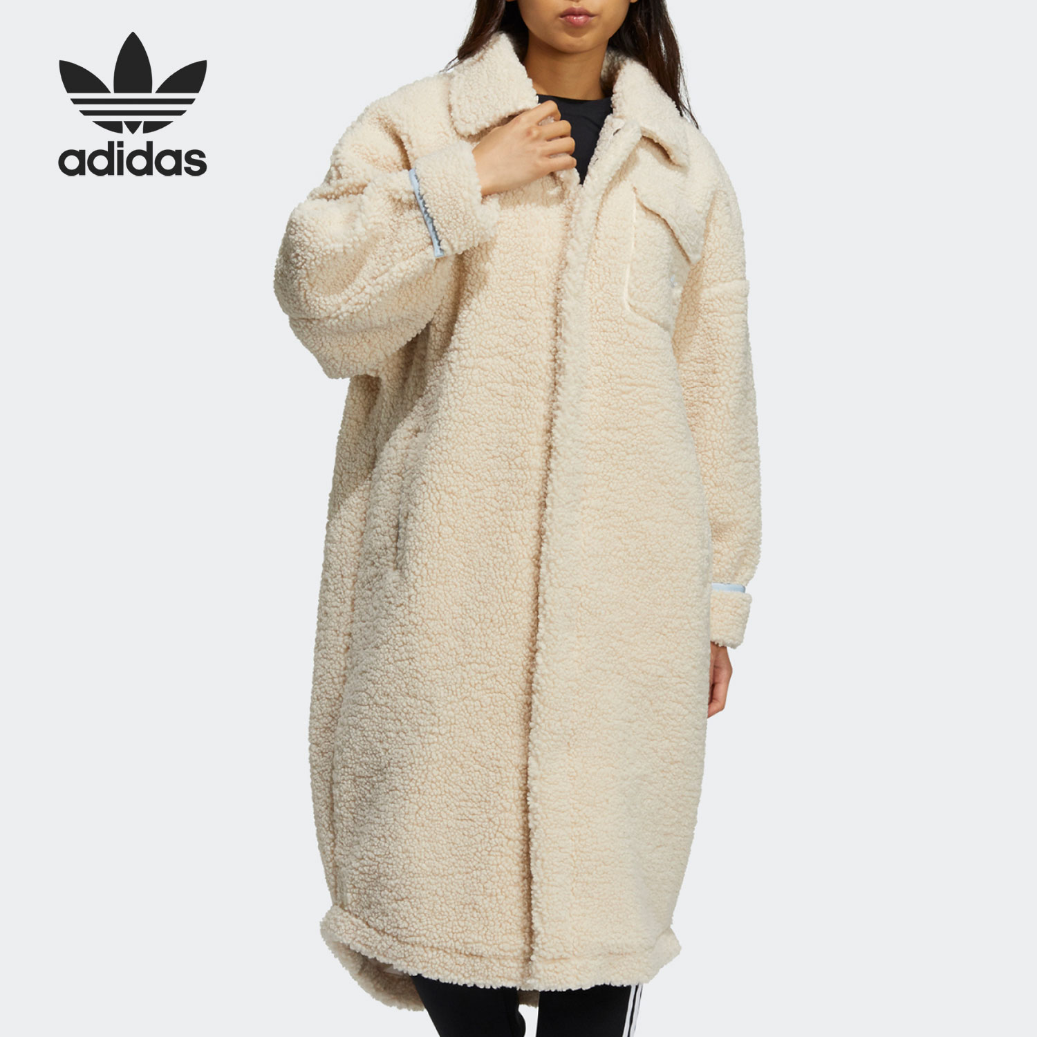 Adidas/阿迪达斯官方正品三叶草女子仿羊羔绒长款翻领外套 HC0308