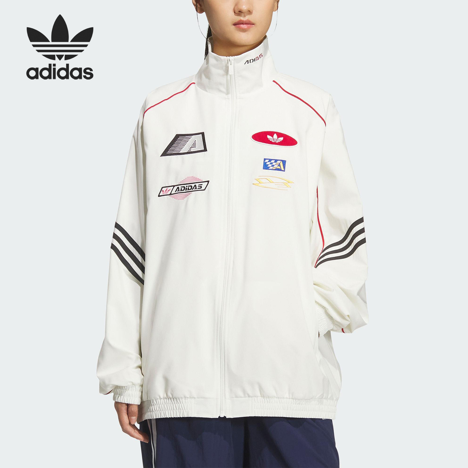 Adidas/阿迪达斯官方正品三叶草女士宽松赛车立领运动外套KG6677