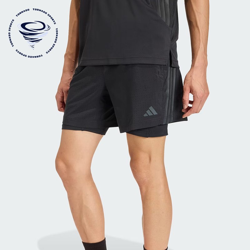Adidas/阿迪达斯正品男二合一速干透气条纹经典运动短裤KE9633
