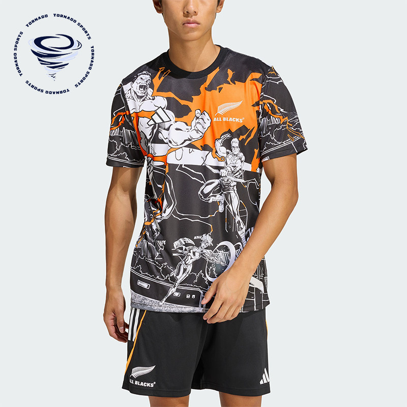 Adidas/阿迪达斯正品新款男黑橙色橄榄球跑步经典短袖T恤JV7531