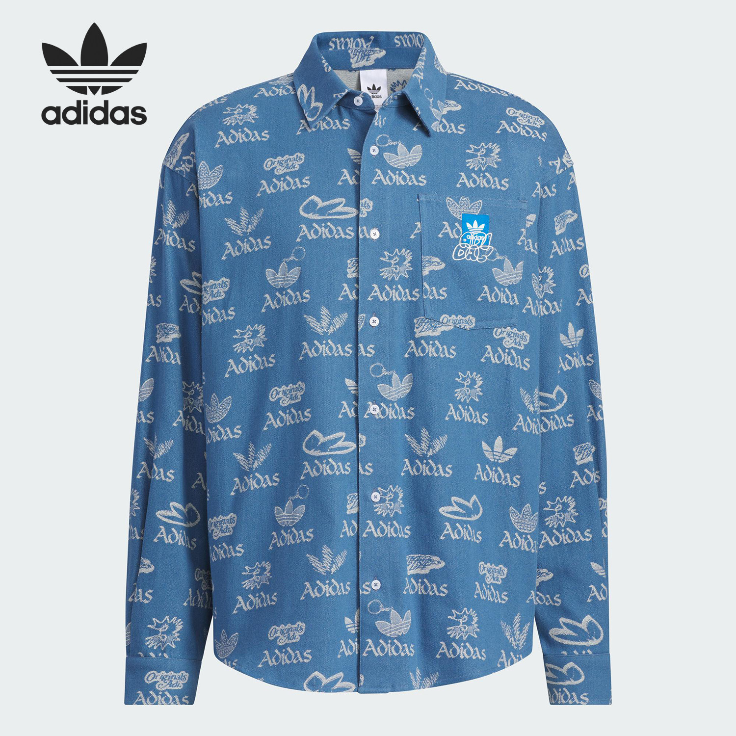 Adidas/阿迪达斯正品三叶草男士宽松翻领满印时尚衬衫JN1662 - 实物图
