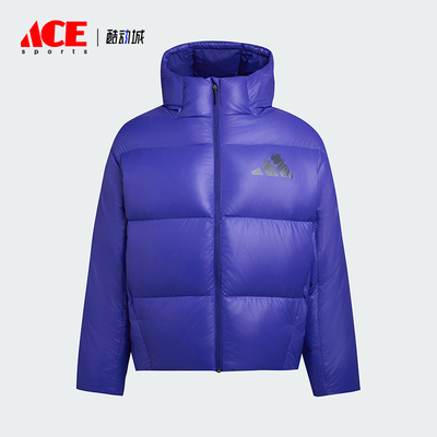 Adidas/阿迪达斯正品2025男士防风时尚连帽亮面保暖羽绒服KH3982