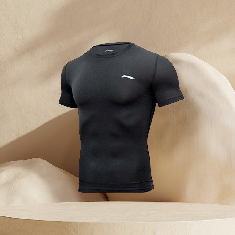 正品李宁男士跑步运动秋足球系列男子短袖T恤紧身衣AUDR083