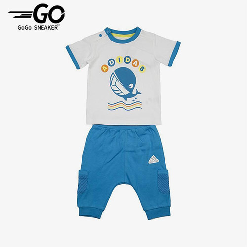 Adidas/阿迪达斯正品新款婴童白蓝色柔软亲肤短袖套装AP6382