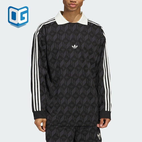 Adidas/阿迪达斯正品三叶草男女同款印花复古翻领长袖T恤JD5196