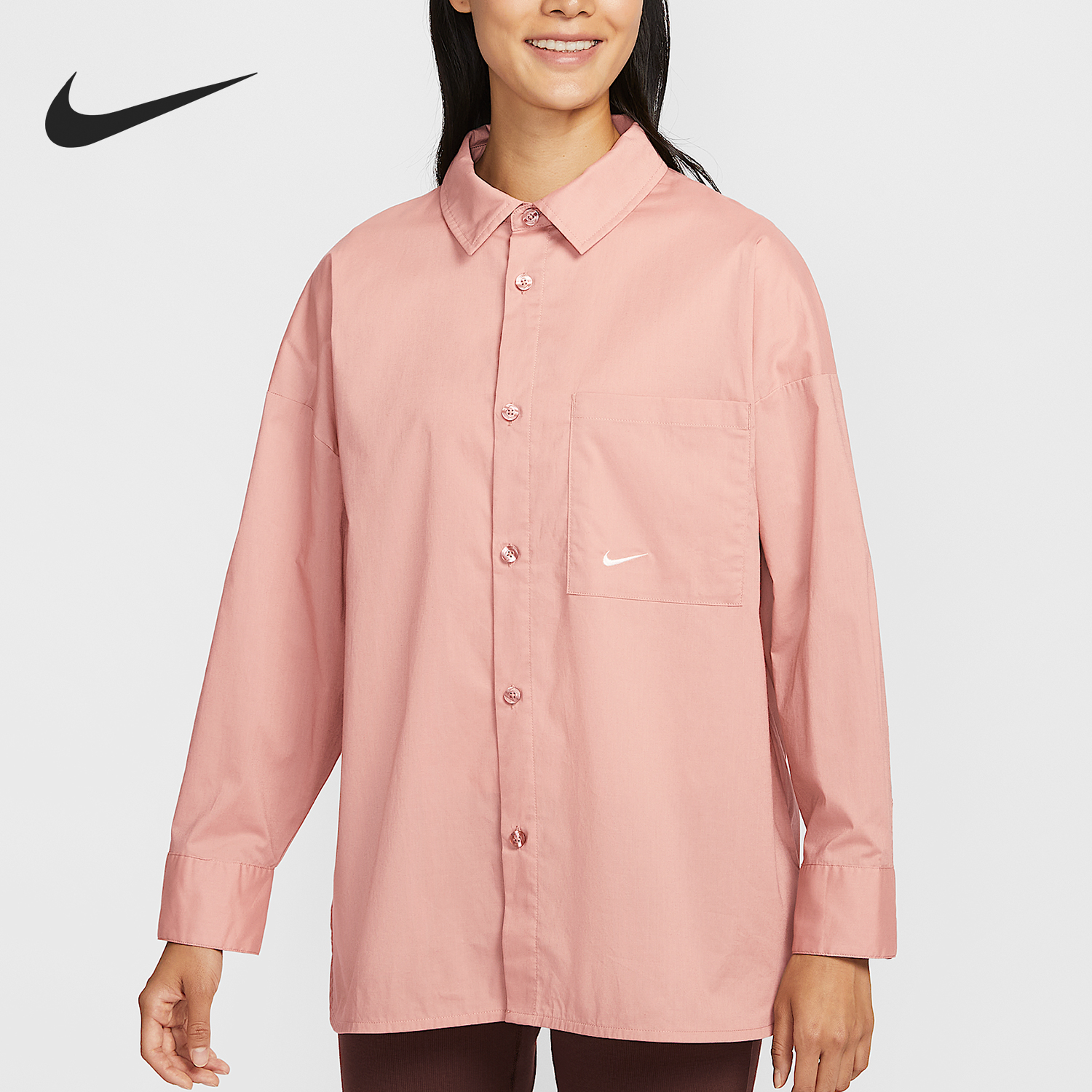 Nike/耐克官方正品春秋女士翻领宽松简约休闲长袖衬衫HJ0716-688