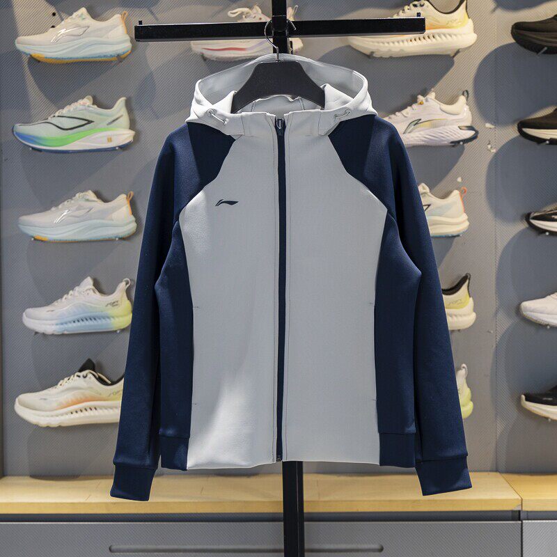 李宁正品团购系列女子拼色时尚运动休闲连帽夹克外套AWDV778-6