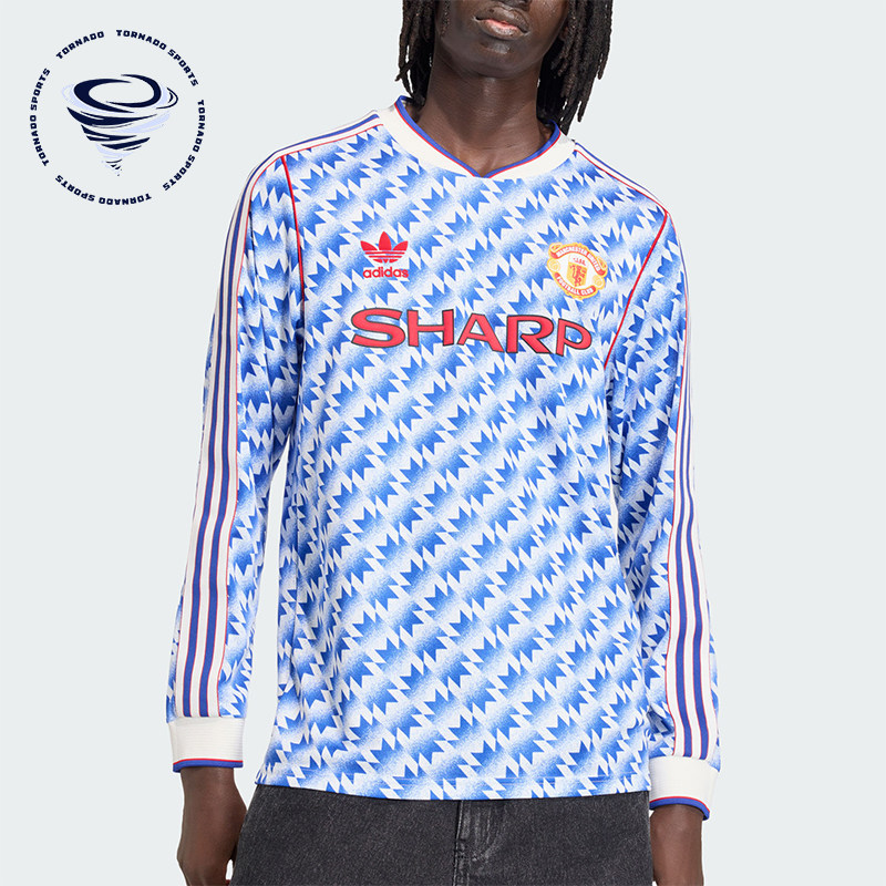 Adidas/阿迪达斯正品三叶草新款男蓝白色经典球场长袖球衣JM5498