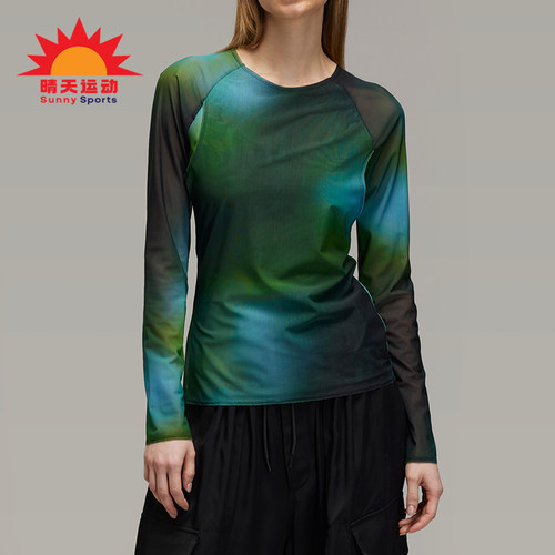 Adidas/阿迪达斯正品女士时尚印花针织网纱运动长袖T恤JL8301