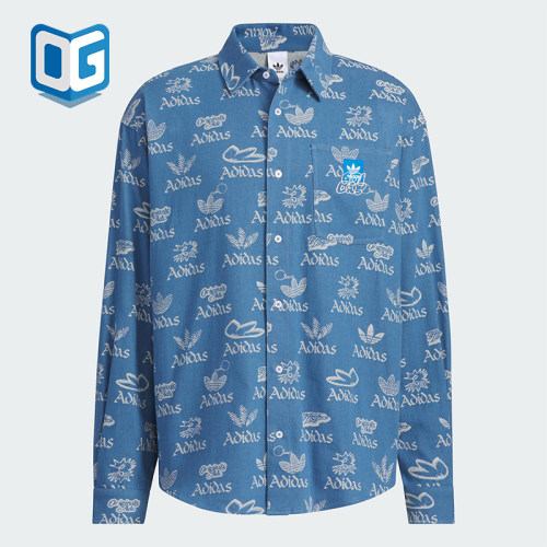 Adidas/阿迪达斯正品三叶草男士宽松翻领满印经典时尚衬衫JN1662