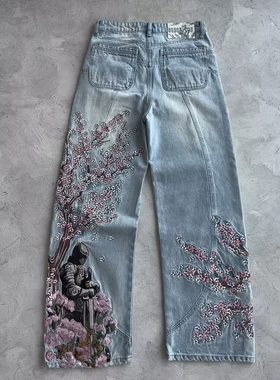 跨境爆款Y2K美式复古梅花刺绣阔腿长裤嘻哈街头宽松男女牛仔裤