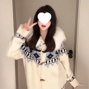 费尔岛牛角扣毛领连帽毛衣外套女秋冬高级感复古慵懒宽松针织开衫