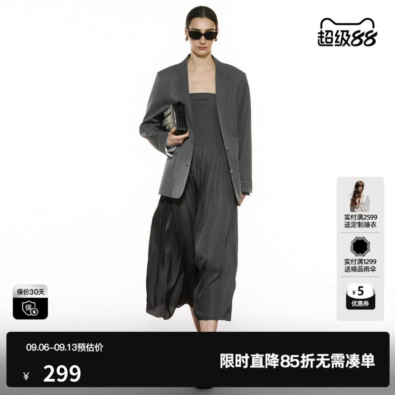 U/TI灰色抹胸长裙女简约百褶度假通勤无袖连衣裙尤缇2025秋季新款