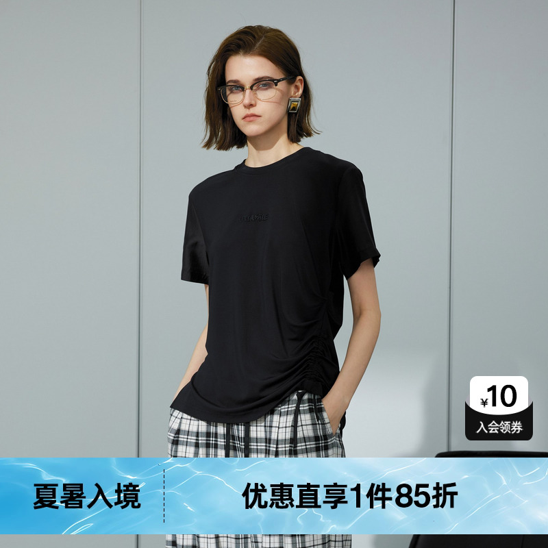 U/TI黑色拼袖抽绳T恤女装 正肩收束短袖休闲上衣尤缇2025夏季新款