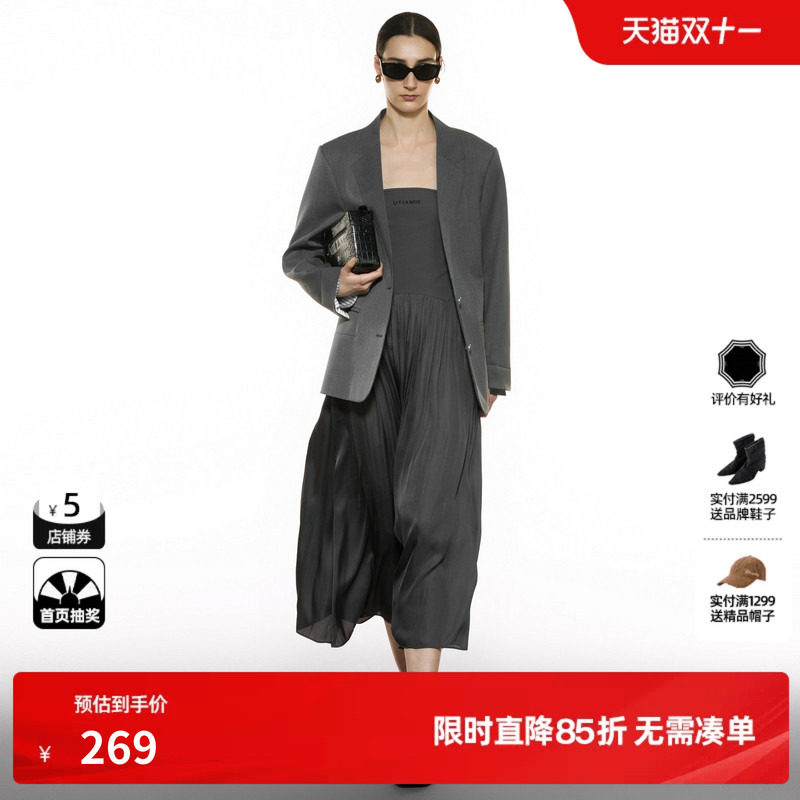 U/TI灰色抹胸长裙女简约百褶度假通勤无袖连衣裙尤缇2025秋季新款