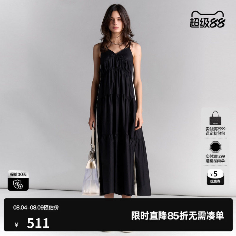 U/TI黑色100%棉吊带裙女装度假休闲背心裙连衣裙尤缇2025夏季新款