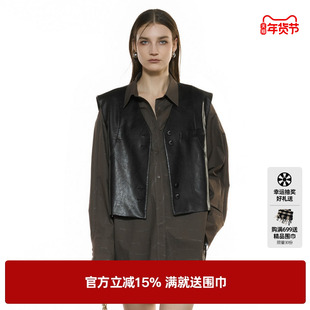 U/T复古擦色皮质短款马夹女 设计感通勤休闲上衣尤缇2025秋季新款