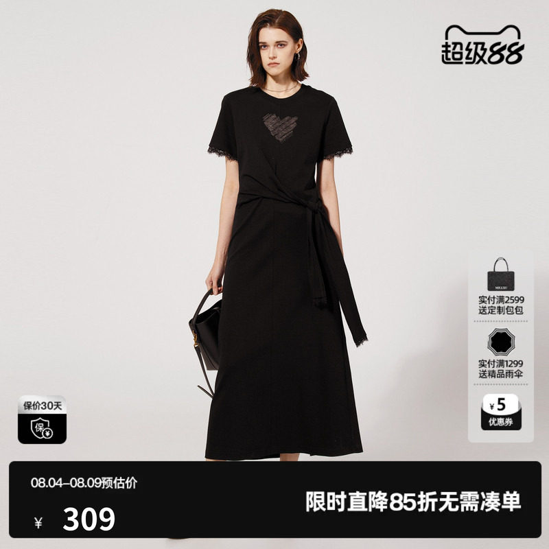 U/TI 黑色100%棉蕾丝连衣裙女绑带捏褶开叉T恤裙尤缇2025夏季新款