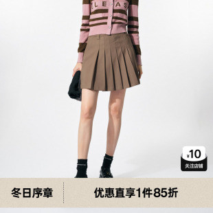 新款 简约A字裙半裙尤缇2025春季 TI咖色复古学院风百褶短裙女装