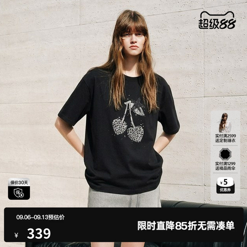 U/TI 黑色100%棉豹纹樱桃短袖T恤女宽松落肩休闲尤缇2026秋季新款