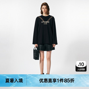 新款 上衣尤缇2025春季 TI黑色V领蕾丝拼接棉感T恤女百搭阔版 长袖