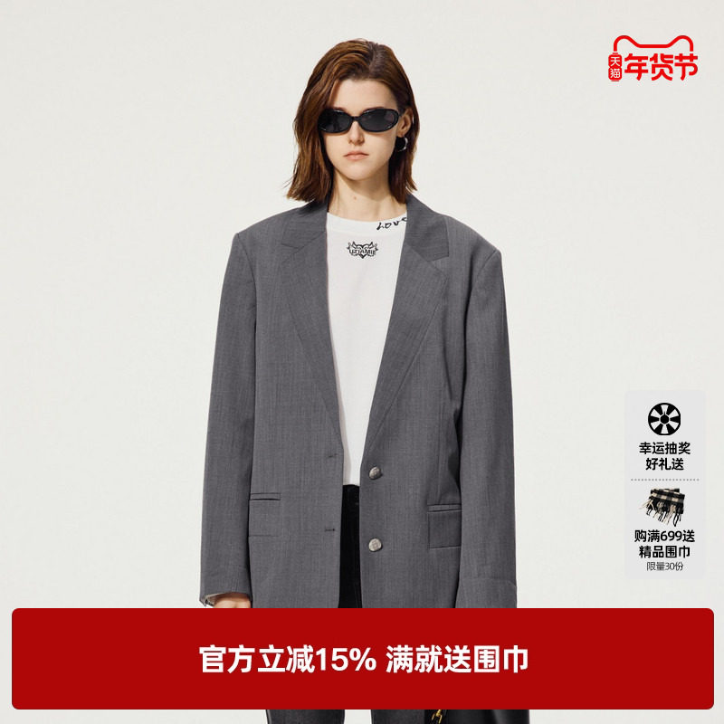 U/TI无领灰色西装外套女复古设计感通勤休闲上衣尤缇2025秋季新款