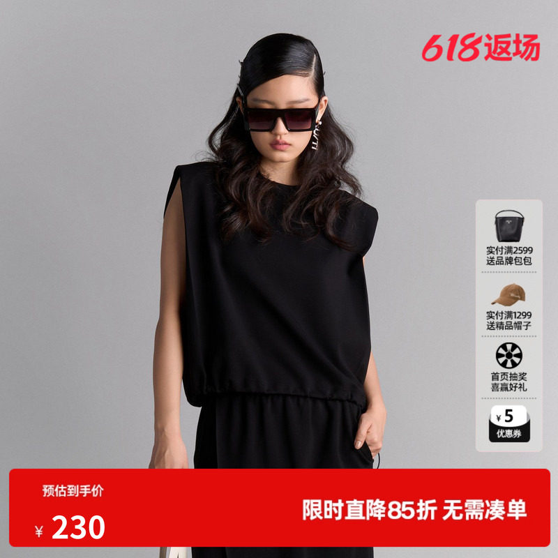 U/TI宽肩无袖T恤背心女装 百搭垫肩抽绳短袖上衣尤缇2025夏季新款